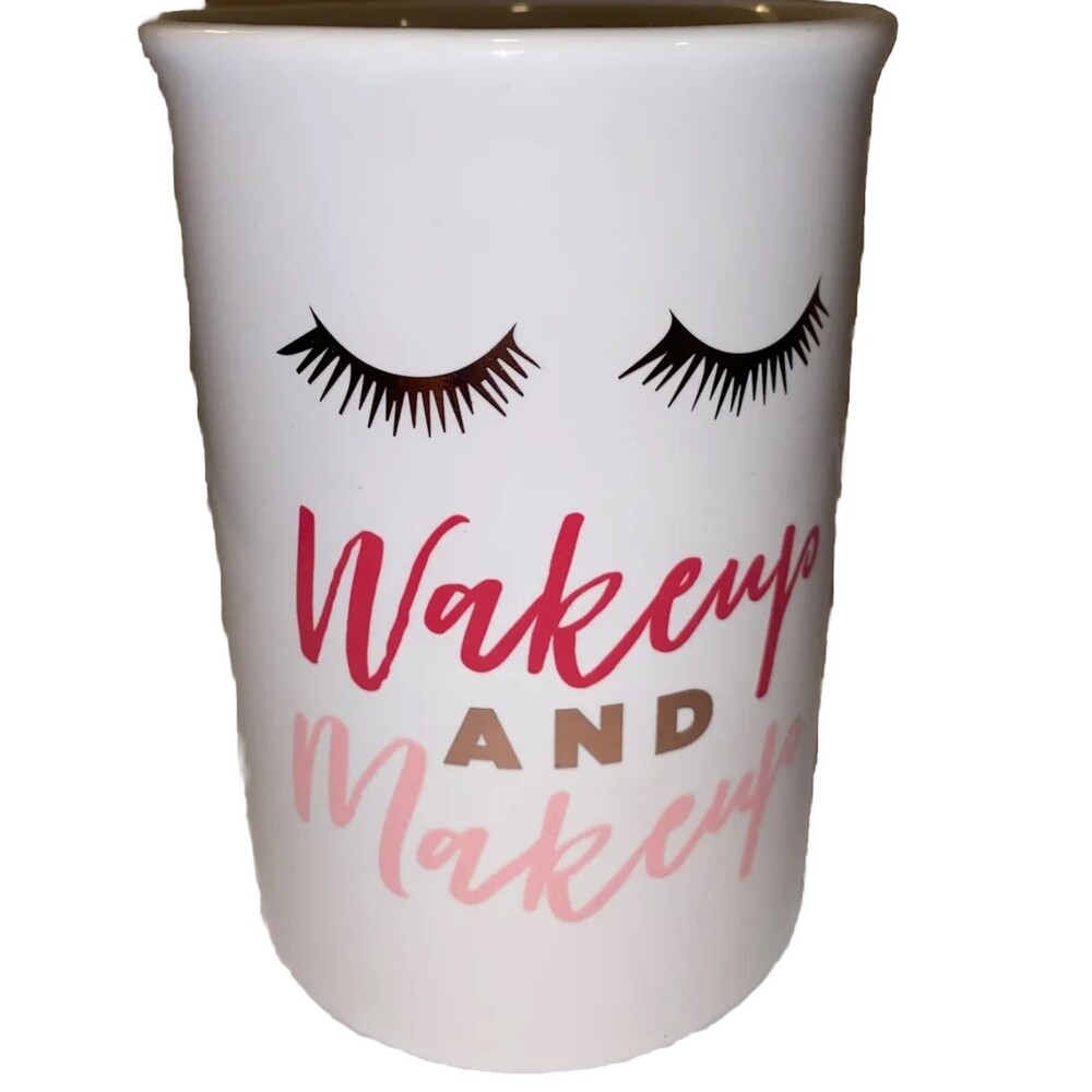 Adrienne Vittadini Coffee Cup Multicolor No Handle 3.5x5 “Wakey & Makeup”
